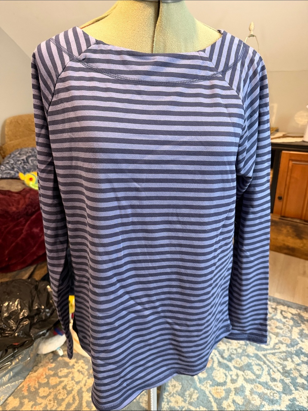D&Co. Active Women's Long Sleeve Striped Tee - Navy & Light Blue